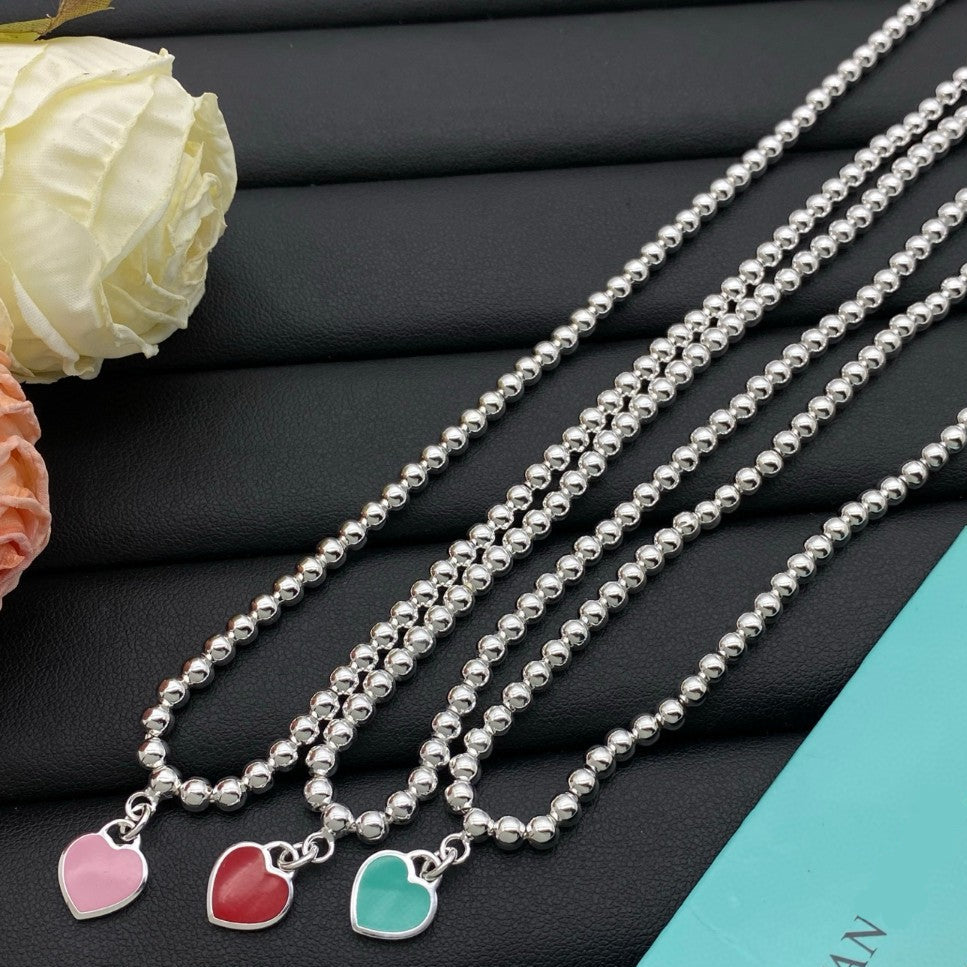 Silver-Tone Blue Heart Beaded Necklace