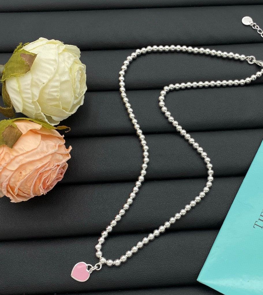 Silver-Tone Pink Heart Beaded Necklace