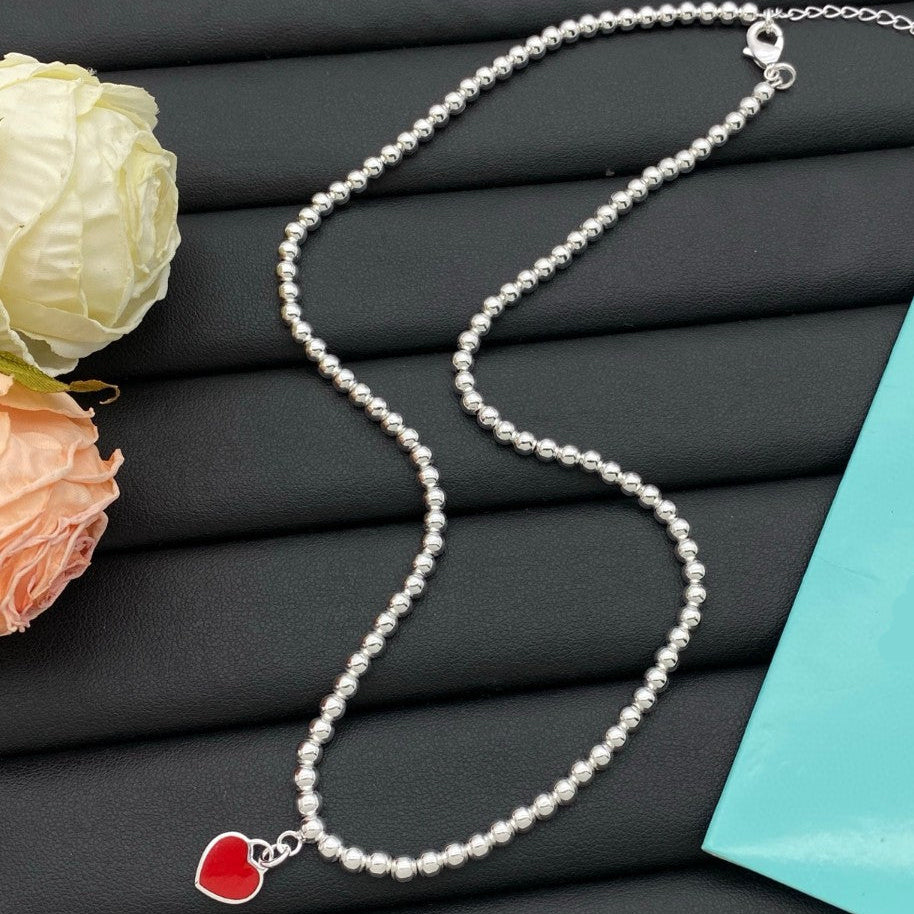 Silver-Tone Red Heart Beaded Necklace
